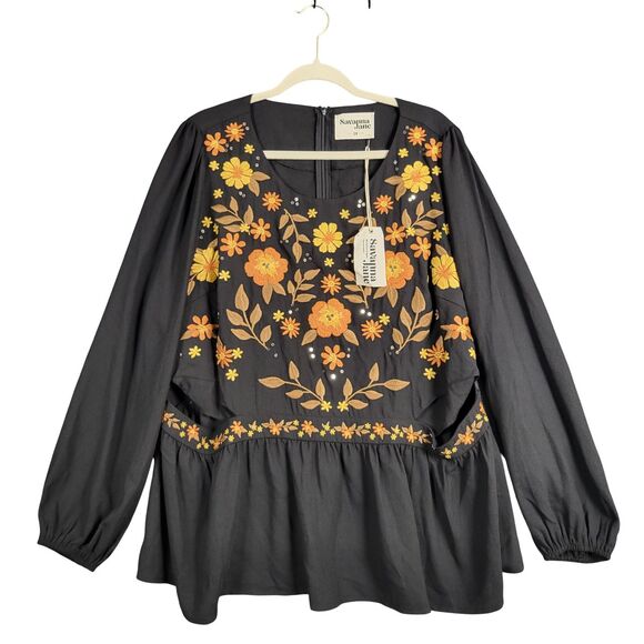 Savanna Jane Tops - NWT SAVANNA JANE Black Orange Fall Floral Embroidery Cut Out Peasant Top SIZE 2X